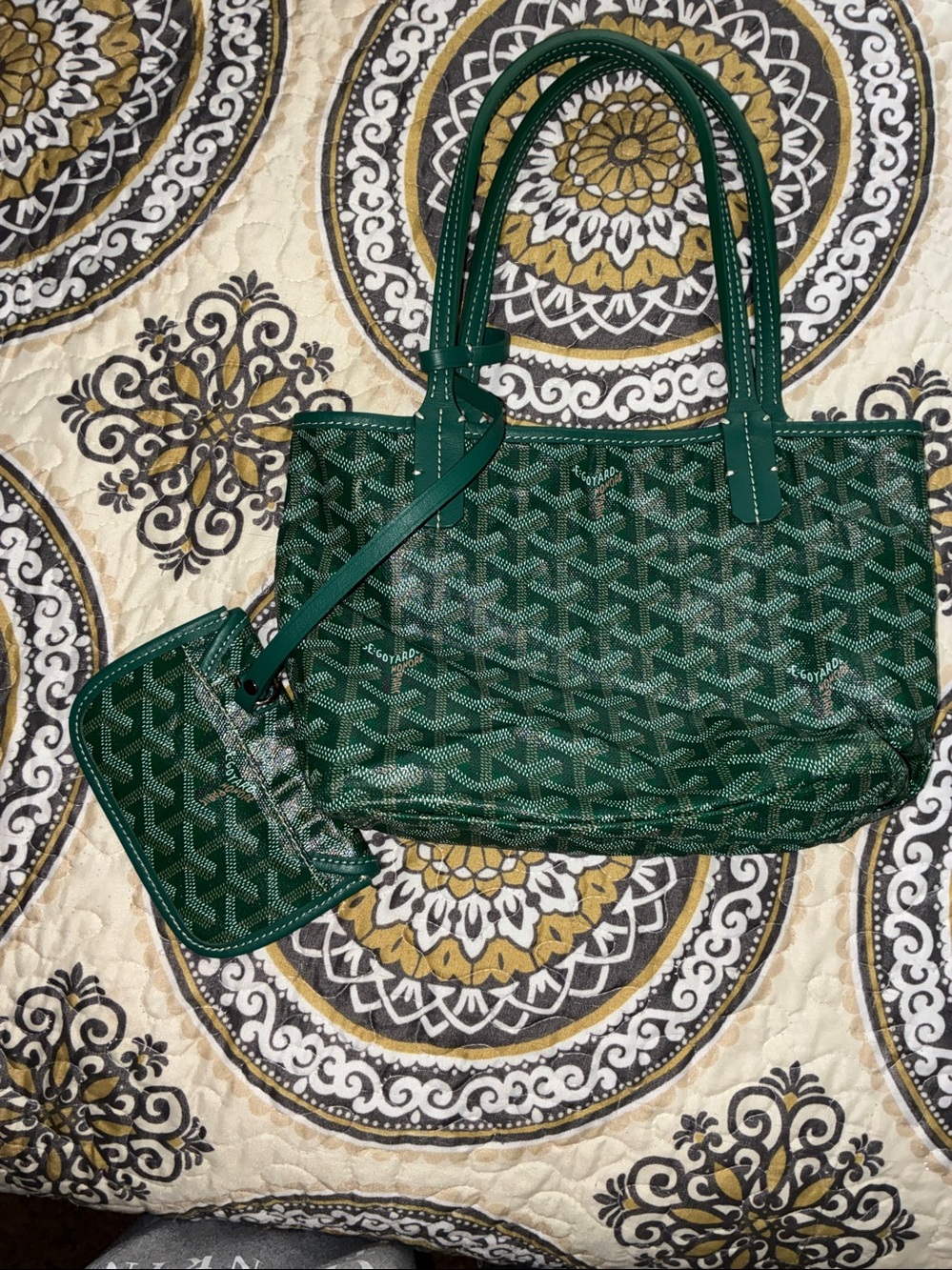 Green Patterned Tote Bag with Pouch - Women Bags plus mini - Picture 12 of 16